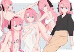  1girl absurdres black_ribbon black_shirt blue_eyes bra breasts brown_skirt censored censored_nipples character_censor closed_mouth collar commentary_request grey_background grid_background hair_intakes hair_ribbon highres kamiina_botan kamiina_botan_yoeru_sugata_wa_yuri_no_hana large_breasts long_hair multiple_views naked_towel novelty_censor nude ooarai_school_uniform panties parted_lips pink_hair ribbon school_uniform shirt skirt smile sweat topless_female towel tsukimi_sou two_side_up underwear white_bra white_panties 