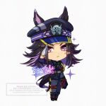  1girl animal_ears black_boots black_hair black_jacket black_pants black_shirt blush boots chibi closed_mouth commentary_request ears_through_headwear fenomeno_(black_flames_of_the_righteous_spirit)_(umamusume) fenomeno_(umamusume) flipped_hair full_body gloves hat highres horse_ears horse_girl horse_tail horseshoe_hat_ornament horseshoe_ornament jacket kanntsukirin long_hair long_sleeves looking_at_viewer multicolored_hair pants peaked_cap purple_eyes purple_hair salute shirt simple_background sparkle tail umamusume white_background white_gloves 