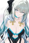  1girl absurdres bamboo_tac bare_shoulders black_bow blue_eyes blush bow breasts cleavage commentary_request dress fate/grand_order fate_(series) grey_hair hair_bow highres large_breasts long_hair long_sleeves looking_at_viewer morgan_le_fay_(fate) navel ponytail sidelocks solo two-tone_dress very_long_hair 