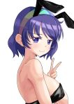  1girl absurdres animal_ears black_leotard blue_hair blush breasts chinese_commentary closed_mouth commentary_request hairband highres large_breasts leotard looking_at_viewer multicolored_hairband playboy_bunny rabbit_ears short_hair sideboob simple_background sleepymoon smile solo tenkyuu_chimata touhou upper_body v variant_set white_background 