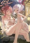  4girls aru_(blue_archive) ass bathing blue_archive breasts brown_horns commentary flat_chest ginichu1003 grey_hair hair_bun halo haruka_(blue_archive) highres horns kayoko_(blue_archive) korean_commentary large_breasts looking_at_viewer low_horns multiple_girls mutsuki_(blue_archive) naked_towel onsen pink_hair pink_halo pointy_ears problem_solver_68_(blue_archive) red_halo smile soaking_feet towel white_hair 