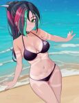  1girl absurdres beach bikini breasts cleavage commentary_request dutch_angle ear_piercing eyeshadow fortnite freckles from_above futatunoniji green_eyes green_streaks hair_ornament hair_stick halterneck helsie_(fortnite) highres long_hair makeup medium_breasts multicolored_hair nail_polish navel piercing pink_streaks ponytail smile solo streaked_hair string_bikini swimsuit tanlines triangle_bikini_top 