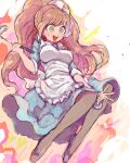  1girl :d apron back_bow bad_drawr_id bad_id black_shoes blue_dress blush bow breasts brown_hair danganronpa_(series) danganronpa_3_(anime) dress flats frilled_apron frills full_body gnsi green_eyes grey_pantyhose hair_ribbon high_ponytail holding impossible_clothes large_breasts long_hair maid_apron open_mouth pantyhose ponytail ribbon shoes smile solo teeth upper_teeth_only white_apron white_background wide_ponytail yukizome_chisa 