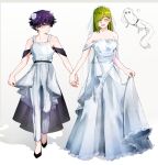  2girls absurdres agott_arklaum_(tongari_boushi_no_atelier) bare_shoulders black_shoes blush bridal_veil brushbuddy closed_eyes closed_mouth coco_(tongari_boushi_no_atelier) commentary creature dress english_commentary green_hair highres holding_hands holding_own_dress interlocked_fingers long_hair multiple_girls open_mouth pants purple_eyes purple_hair shirt shoes short_hair smile tongari_boushi_no_atelier twitter_username veil wedding_dress welfshr white_dress white_pants white_shirt wife_and_wife yuri 