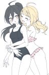  2girls :o ahoge bare_shoulders bikini black_hair blonde_hair breasts closed_eyes commentary_request danganronpa_(series) danganronpa_v3:_killing_harmony genderswap genderswap_(mtf) hair_ornament highres keke_(xfxyuio) korean_commentary long_hair medium_breasts multiple_girls musical_note musical_note_hair_ornament one-piece_swimsuit pink_bikini ponytail saihara_shuichi simple_background smile swimsuit twintails 