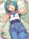  1girl blue_eyes blue_hair blue_one-piece_swimsuit blue_pants commentary_request hugging_viewer lana_(pokemon) looking_at_viewer lying on_back one-piece_swimsuit open_mouth outstretched_arms pants pokemon pokemon_sun_and_moon shirt sleeveless sleeveless_shirt smile solo soon_(c-u-soon) swimsuit swimsuit_under_clothes white_shirt 