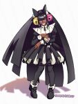  1boy 1girl animal_ears artist_name bell bell_ear_ornament black_boots black_dress black_hair black_nails black_pantyhose boots carrying carrying_person cat_ears cat_girl collar commentary dark-skinned_female dark_skin deltarune dress english_commentary entomaggedon evil_grin evil_smile friend_(deltarune) friend_(deltarune)_(entomaggedon) full_body glasses grid_teeth grin heterochromia highres long_hair nervous open_mouth pantyhose personification pink_eyes shadow smile spamton_g._spamton standing upturned_eyes utdr_(toby_fox) very_long_hair watermark watermark_grid white_collar yellow_eyes 