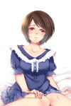  1girl aglio arm_at_side bed_sheet blue_dress blue_nightgown blush breasts brown_eyes brown_hair buttons collarbone commentary_request dress fatal_frame fatal_frame:_mask_of_the_lunar_eclipse feet_out_of_frame frilled_dress frilled_sleeves frills hand_on_own_thigh knees_together_feet_apart looking_at_viewer medium_breasts nightgown polka_dot polka_dot_dress puffy_short_sleeves puffy_sleeves short_hair short_sleeves sitting solo sweatdrop tsukimori_madoka white_background 
