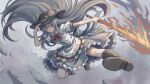  1girl ai-generated arm_up back_bow black_hat blue_bow blue_hair blue_skirt boots bow bowtie brown_boots closed_mouth collared_shirt commentary_request fire floating_hair flying frills full_body hair_between_eyes hand_on_headwear hand_up hat hat_ornament highres hinanawi_tenshi holding holding_sword holding_weapon leaf_hat_ornament long_hair looking_at_viewer peach_hat_ornament puffy_short_sleeves puffy_sleeves rainbow_order red_bow red_bowtie red_eyes shirt short_sleeves sidelocks simple_background skirt smile solo sword sword_of_hisou touhou very_long_hair weapon wei_(momoko07dayand1) white_background white_shirt 