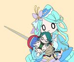  1girl aqua_hair blue_hair blue_hat bow brooch butterfly_hat_ornament capelet commentary_request company_connection cure_eclair denkamen_sword earrings glasses green_hair hair_ornament hat hat_ornament heart heart_brooch highres holding holding_sword holding_weapon howa_kurea ieri_shiruku jewelry kamen_rider kamen_rider_den-o_(series) kaneda_rei kiriu_nagi kurusu_eliza long_hair looking_at_viewer magical_girl meitantei_precure! ponytail precure simple_background skirt smile solo sword toei_company very_long_hair weapon 