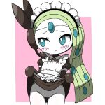  1girl apron ass_visible_through_thighs averting_eyes black_dress blue_eyes blush_stickers border bright_pupils clothes_lift colored_skin cowboy_shot dress dress_lift forehead_jewel headset highres lifting_own_clothes maid maid_apron maid_headdress meloetta meloetta_(aria) meloettachuuuuu no_pussy outside_border pink_background pokemon pokemon_(creature) puffy_short_sleeves puffy_sleeves raised_inner_eyebrows short_sleeves simple_background solo thigh_gap white_border white_pupils white_skin 