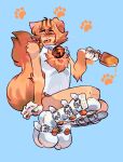  1boy :p animal_ears animal_hands bell blue_background blue_boots blue_shirt body_fur boots cat_boy cat_ears cat_paws cat_tail closed_eyes commentary english_commentary folded_ear food girly_boy highres holding holding_food holding_popsicle knee_boots male_focus molokomyau neck_bell orange_fur orange_hair orange_tail original paw_print paw_print_background pawpads popsicle saliva shirt short_hair simple_background sleeveless sleeveless_shirt solo tail tongue tongue_out 