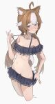  1girl absurdres animal_ears bikini blue_archive blush brown_hair cosplay cropped_legs fang girls'_frontline girls'_frontline_neural_cloud hannah_(neural_cloud) highres long_hair lotan purple_eyes serika_(blue_archive) serika_(blue_archive)_(cosplay) serika_(swimsuit)_(blue_archive) swimsuit twintails undressing very_long_hair white_background 