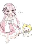  1210_neno 1girl =_= ahoge animal bare_legs bare_shoulders belt black_belt black_bow black_ribbon blush_stickers bow bra_strap brown_eyes cake cake_slice cat center_frills cloak clothed_animal collarbone commentary_request cross-laced_clothes cross-laced_top ear_covers eating eyelashes feet_out_of_frame food fork frilled_shirt frilled_skirt frills fruit hair_bow hair_intakes hair_ribbon hands_on_ground highres holding holding_fork holding_plate hood hood_up hooded_cloak infinity_nikki kneeling layered_skirt long_hair long_sleeves low_twintails medium_skirt momo_(nikki) nikki_(nikki) nikki_(series) off-shoulder_shirt off_shoulder open_mouth perfect_start_(infinity_nikki) pink_hair pink_skirt plate puffy_long_sleeves puffy_sleeves ribbon sad shirt shoes simple_background sketch skirt smile sound_effects strawberry strawberry_shortcake tearing_up translation_request tress_ribbon twintails very_long_hair wavy_mouth whiskers white_background white_cat white_shirt white_shoes white_skirt x_navel yellow_cloak 