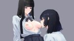  2girls black_bow black_bowtie black_eyes black_hair black_skirt blue_hair blush bow bowtie breast_sucking breastfeeding breasts breasts_out closed_eyes collared_shirt commentary_request grey_background i38 lactation long_hair medium_breasts medium_hair multiple_girls nipples open_clothes open_shirt original pleated_skirt shirt simple_background skirt white_shirt yuri 