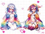  2girls apron bikini black_thighhighs blonde_hair blue_hair blue_shoes commentary_request double-parted_bangs frilled_apron frills full_body fusen_haru gradient_hair green_hair grid_background hair_between_eyes heart heart_hands kneeling long_bangs long_hair looking_at_viewer maid maid_apron maid_bikini maid_headdress mary_janes multicolored_hair multiple_girls navel no_game_no_life orange_hair pink_hair purple_hair red_eyes sample_watermark schwi_(no_game_no_life) shiro_(no_game_no_life) shoes sidelocks simple_background socks swimsuit thighhighs unconventional_maid waist_apron watermark white_apron white_background white_bikini white_thighhighs 