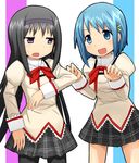  akemi_homura bad_id bad_pixiv_id black_hair blue_eyes blue_hair gerisita hair_ornament hairband hairclip long_hair mahou_shoujo_madoka_magica miki_sayaka multiple_girls pantyhose plaid plaid_skirt purple_eyes school_uniform short_hair skirt sweatdrop 