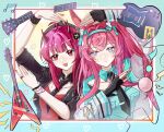  2girls absurdres ahoge animal_ears arknights beamed_eighth_notes black_gloves black_hairband black_jacket black_nails black_necktie blue_background blue_hairband blue_nails blue_ribbon blue_shirt bracelet breast_pocket breasts cable commentary demon_girl demon_horns electric_guitar facial_mark fang fingerless_gloves gibson_flying_v gibson_sg gloves guitar hair_ribbon hairband halibutttt heart heart_arms heart_arms_duo highres horns instrument jacket jewelry lightning_bolt_facial_mark lightning_bolt_symbol long_hair looking_at_viewer medium_breasts microphone multiple_girls musical_note necktie official_alternate_costume open_clothes open_jacket open_mouth pocket pointy_ears purple_eyes rabbit_ears rabbit_girl ray_(arknights) ray_(dreaming_high)_(arknights) red_eyes red_hair red_shirt ribbon shirt sidelocks skin_fang smile sparkling_eyes spiked_bracelet spikes torn_clothes torn_jacket untranslatable_commentary vigna_(arknights) vigna_(black_wave)_(arknights) white_jacket wristband 