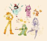  2boys 2girls 2others 7_colored_flowers_(deltarune) aqua_(deltarune) aqua_dress aqua_skin ballerina bandana blue_(deltarune) blue_skin boxing_gloves chef colored_skin covered_eyes cowboy deltarune dress fried_egg frying_pan glasses green_(deltarune) hair_wings head_bow highres knife mouse_(animal) multiple_boys multiple_girls multiple_others orange_(deltarune) orange_bandana seth_(deltarune) utdr_(toby_fox) yellow_(deltarune) zunda_e_damame 