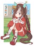  1girl animal_ears arrow_(symbol) bandaid bandaid_on_leg beret blue_bow blunt_bangs blush border bow braid breasts brown_hair closed_mouth commentary_request day ear_covers full_body grass hair_bobbles hair_bow hair_ornament hat highres hokko_tarumae_(umamusume) horse_ears horse_girl horse_tail jacket knees_up long_hair long_sleeves multicolored_hair multicolored_shoes orange_bow outdoors outside_border purple_eyes rakugakiraid red_jacket red_shoes red_shorts shoes shorts signature sitting sneakers socks solo squeans streaked_hair striped_bow striped_hair tail tracen_training_uniform track_jacket twin_braids two-tone_shoes umamusume very_long_braid white_border white_hair white_hat white_shoes white_socks white_streaks 