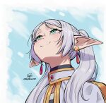  1girl absurdres blue_background clearsky_(skynow) commentary earrings elf english_commentary frieren from_below green_eyes grey_hair highres jewelry long_pointy_ears meme pointy_ears portrait profile signature smile solo sousou_no_frieren teardrop_earrings twintails upward_angle_frieren_drawing_(meme) 