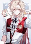  1boy absurdres animal_ears ascot black_ribbon blonde_hair cape cat_ears chibi collared_shirt crown frills genshinimpactgaoshou hair_between_eyes highres holding identity_v kfc looking_at_viewer male_focus medium_hair neck_ribbon red_cape red_vest ribbon richard_sterling richard_sterling_(mentor_k) shirt short_sleeves smile solo star_(symbol) upper_body vest white_ascot white_background white_shirt 