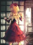  aki_shizuha back bare_shoulders blonde_hair dress hair_ornament highres leaf leaf_hair_ornament looking_back naughty_face red_eyes robce_lee short_hair smile solo strap touhou 