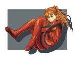  blue_eyes bodysuit brown_hair fetal_position full_body korosuke1 leg_hug neon_genesis_evangelion plugsuit shikinami_asuka_langley skin_tight smile solo souryuu_asuka_langley 