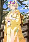  alternate_costume alternate_hairstyle blonde_hair blush eyebrows flower formal hair_flower hair_ornament hair_up highres hiki_furisode japanese_clothes kimono looking_at_viewer purple_eyes smile solo stiel thick_eyebrows touhou wedding yakumo_yukari yellow_kimono 