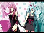  aqua_eyes aqua_hair bad_id bad_pixiv_id choker covered_navel dress elbow_gloves garter_belt gloves hatsune_miku holding_hands kichihachi letterboxed long_hair megurine_luka multiple_girls pink_hair signature smile thighhighs twintails very_long_hair vocaloid zoom_layer 