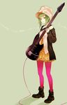  bad_id bad_pixiv_id boots cable full_body fur_hat green_eyes green_hair guitar gumi hat instrument legs pantyhose pink_legwear roku_(hikokeng) short_hair simple_background smile solo standing vocaloid 