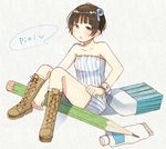  bad_id bad_pixiv_id bangs bare_shoulders black_hair blue_eyes blunt_bangs blush boots dress eraser hair_ornament open_mouth original pencil pixiv short_hair sitting solo strapless strapless_dress yoshioka_mitsuko 