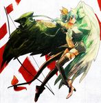  aimaimoco asymmetrical_wings bad_id bad_pixiv_id bare_shoulders blue_hair boots bow bow_(weapon) detached_sleeves dizzy guilty_gear hair_bow navel necro_(guilty_gear) red_eyes ribbon solo tail tail_ribbon thighhighs undine_(guilty_gear) weapon wings 