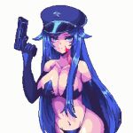  1girl bare_shoulders bikini blood blood_on_face blood_on_neck blue_bikini blue_eyes blue_gloves blue_hair blue_hat breasts cleavage closed_mouth collarbone commentary cowboy_shot elbow_gloves finger_on_trigger gloves gun handgun hashtag-only_commentary hat highres holding holding_gun holding_weapon large_breasts long_hair looking_at_viewer original parted_bangs peaked_cap pixel_art pixelcadete simple_background solo strapless strapless_bikini swimsuit weapon white_background 