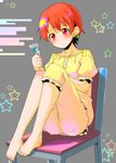  barefoot chair feet feet_on_chair full_body heart highres inami_mahiru knees_up long_legs orange_eyes orange_hair pajamas razor short_hair sitting solo star sw working!! 