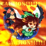  arm_cannon bow brown_hair cape fang green_bow hair_bow long_hair lowres pote_(ptkan) red_eyes reiuji_utsuho solo touhou weapon wings 