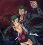  1girl arm_around_neck ass backless_dress backless_outfit beard black_eyes black_hair blood breasts bridal_gauntlets brown_hair checkered checkered_floor couple cup dress drinking_glass elbow_gloves facial_hair gloves green_eyes guilty_gear hetero highres hug large_breasts long_hair looking_back manly monocle mustache nyami pipe red_legwear sharon_(guilty_gear) sideboob slayer_(guilty_gear) smile thighhighs vampire wine_glass wings 