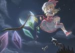  bat blonde_hair bloomers bobby_socks crescent_moon expressionless flandre_scarlet flying from_below hat midair moon night night_sky petticoat ponytail red_eyes short_hair side_ponytail sky socks solo touhou underwear wings zhao_shuwen 