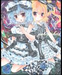  alternate_costume bat_wings blue_flower blue_rose blush bow colored_pencil_(medium) fingernails flandre_scarlet flower gothic_lolita hair_bow hair_ribbon locked_arms lolita_fashion long_fingernails marker_(medium) multiple_girls pekopokox ponytail red_eyes remilia_scarlet ribbon rose shikishi short_hair siblings side_ponytail sisters sitting smile touhou traditional_media wings 