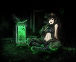  boots brown_eyes brown_hair gas_mask highres navel original ponytail sitting solo un 