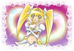 blonde_hair bow cure_sunshine elbow_gloves gloves hair_bow heart heartcatch_precure! lace long_hair magical_girl midriff myoudouin_itsuki navel potpourri_(heartcatch_precure!) precure purple_background smile solo super_silhouette_(heartcatch_precure!) tiara twintails white_gloves yellow_eyes yukkyun 