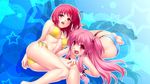 abs angel_beats! back bare_shoulders barefoot bikini blush buckle chain cuffs fang highres iwasawa jpeg_artifacts lying multiple_girls navel on_side open_mouth pink_hair red_eyes red_hair side-tie_bikini side_ponytail star striped striped_bikini striped_swimsuit swimsuit wallpaper yui_(angel_beats!) zen 
