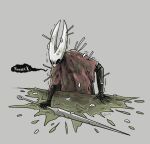  1girl arthropod_girl arthropod_limbs black_skin cloak colored_skin colored_speech_bubble dirty dirty_clothes english_text grey_background holding hollow_eyes hollow_knight hollow_knight:_silksong horned_mask hornet_(hollow_knight) maggot mask needle_(hollow_knight) no_humans no_mouth red_cloak simple_background speech_bubble visarrayx weapon wet white_mask 