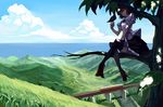  bad_id bad_pixiv_id bird bird_on_hand bridge cloud crow day geta ground_vehicle hat in_tree leaf looking_at_viewer nature ocean railroad_tracks river scenery shade shameimaru_aya sitting sitting_in_tree smile solo tengu-geta thighhighs tokin_hat touhou train tree tree_shade valley water yasumo_(kuusouorbital) 