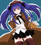  blue_hair brown_legwear coat furudo_erika hat skirt solo tanada tape thighhighs twintails umineko_no_naku_koro_ni zettai_ryouiki 