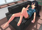 barefoot black_hair brown_eyes casual cellphone couch food indoors k-on! legs long_hair lying nakano_azusa on_back phone popsicle shorts solo touboku twintails window window_shade 
