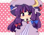  bad_id bad_pixiv_id blush bow chibi crescent face hair_bow hat heart heart_hands matatabi_maru mukyuu patchouli_knowledge polka_dot polka_dot_background purple_eyes purple_hair ribbon robe solo touhou 