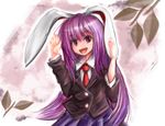  animal_ears bad_id bad_pixiv_id blazer bunny_ears dot_heit jacket long_hair necktie no_nose purple_eyes purple_hair red_neckwear reisen_udongein_inaba smile solo touhou very_long_hair waving 