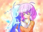  alternate_hairstyle blue_hair blush cirno closed_eyes heart hug letty_whiterock long_hair multiple_girls purple_hair touhou yurume_atsushi 