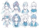  1girl 6+boys absurdres antenna_hair cropped_torso curtained_hair fate/grand_order fate_(series) harada_sanosuke_(fate) headband heterochromia highres hijikata_toshizou_(fate) kondou_isami_(fate) long_hair looking_at_viewer medium_hair multiple_boys nagakura_shinpachi_(fate) okita_souji_(fate) ponytail saitou_hajime_(fate) sayo_(38b_c0) scar scar_on_cheek scar_on_face scar_on_forehead scarf shinsengumi_(fate) simple_background smile toudou_heisuke_(fate) white_background yamanami_keisuke_(fate) 